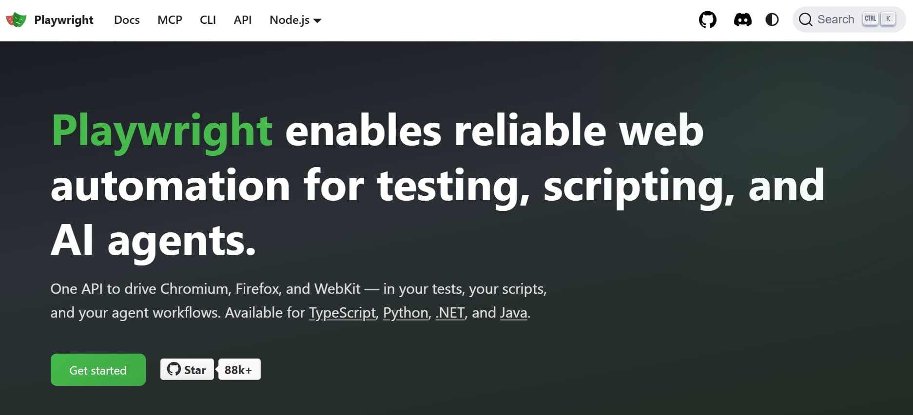 Playwright homepage screenshot — cross-browser end-to-end test automation framework