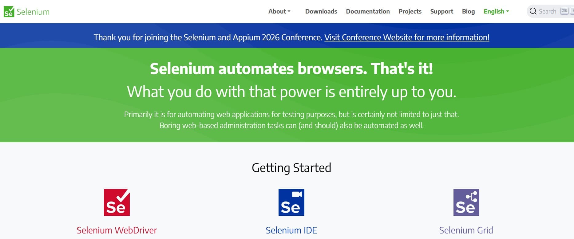 Selenium homepage screenshot — open-source browser automation framework and WebDriver standard